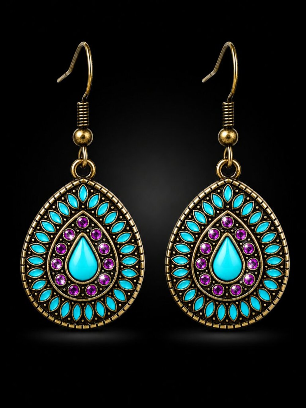 Boho Turquoise & Purple Teardrop Statement Earrings Bronze Tone Dangle Earrings